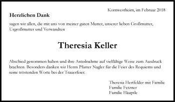 Traueranzeige von Theresia Keller von Stuttgarter Zeitung / Stuttgarter Nachrichten