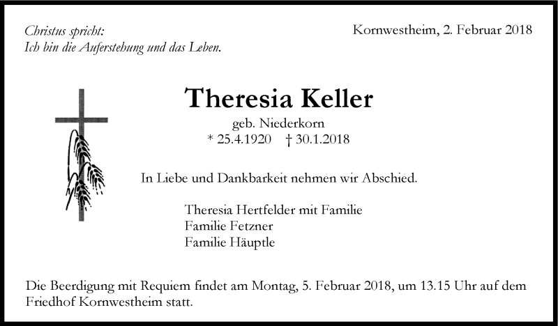  Traueranzeige für Theresia Keller vom 02.02.2018 aus Stuttgarter Zeitung / Stuttgarter Nachrichten