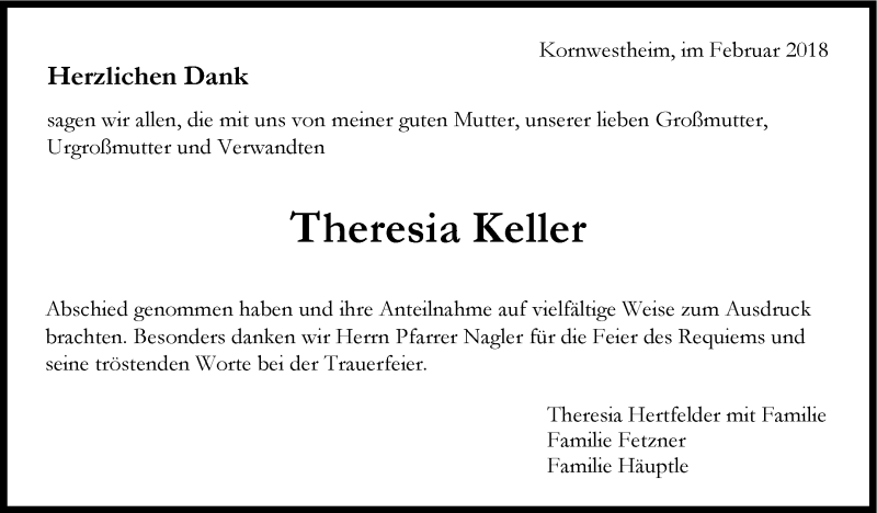  Traueranzeige für Theresia Keller vom 14.02.2018 aus Stuttgarter Zeitung / Stuttgarter Nachrichten