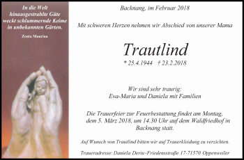 Traueranzeige von Trautlind  von Stuttgarter Zeitung / Stuttgarter Nachrichten