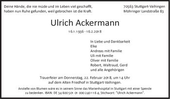 Traueranzeige von Ulrich Ackermann von Stuttgarter Zeitung / Stuttgarter Nachrichten