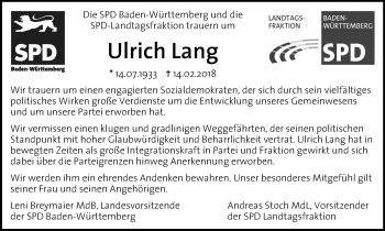 Traueranzeige von Ulrich Lang von Stuttgarter Zeitung / Stuttgarter Nachrichten