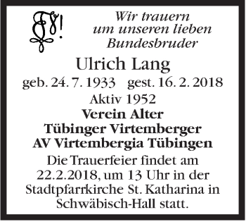 Traueranzeige von Ulrich Lang von Stuttgarter Zeitung / Stuttgarter Nachrichten