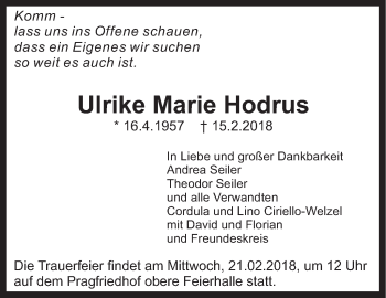 Traueranzeige von Ulrike Marie Hodrus von Stuttgarter Zeitung / Stuttgarter Nachrichten
