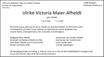 Traueranzeige von Ulrike Victoria Maier-Afheldt von Stuttgarter Zeitung / Stuttgarter Nachrichten