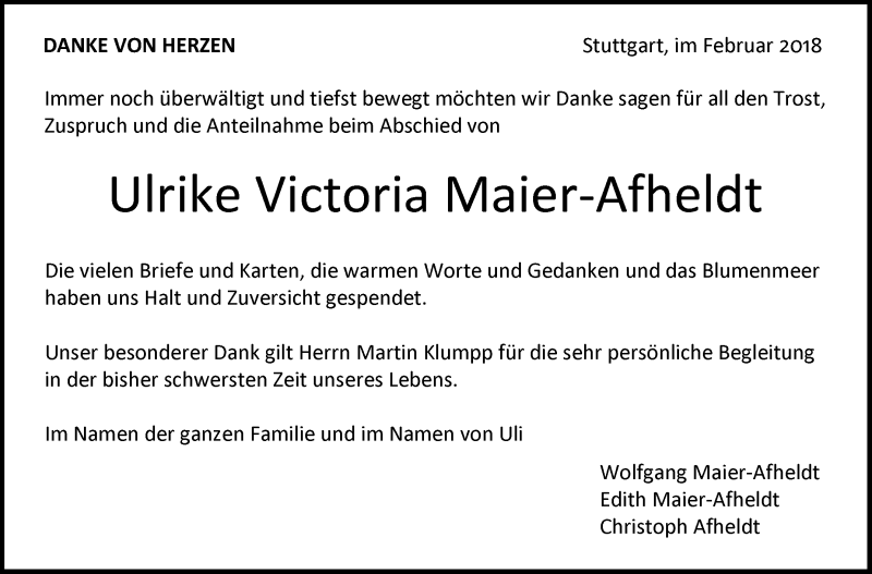  Traueranzeige für Ulrike Victoria Maier-Afheldt vom 17.02.2018 aus Stuttgarter Zeitung / Stuttgarter Nachrichten