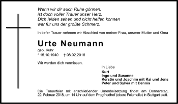 Traueranzeige von Urte Neumann von Stuttgarter Zeitung / Stuttgarter Nachrichten