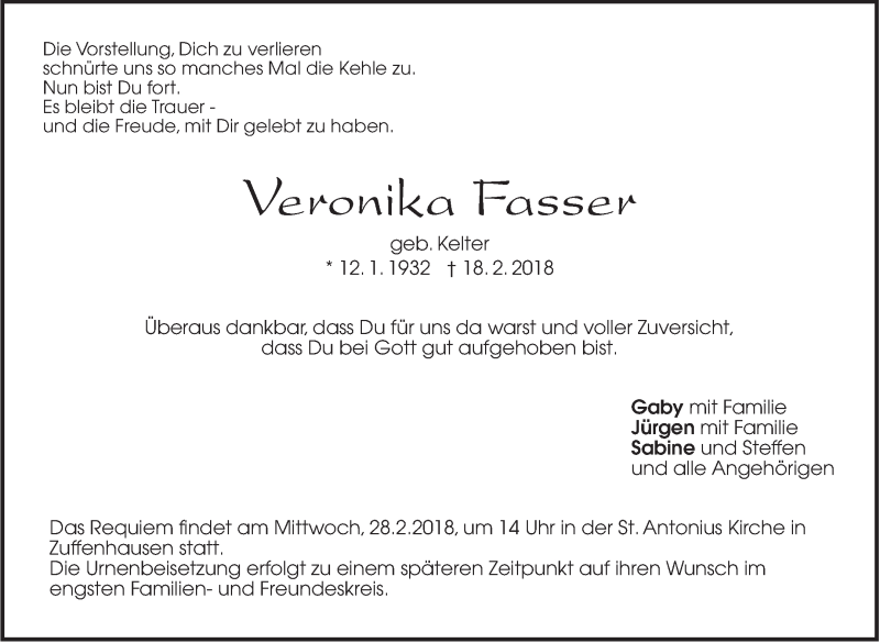  Traueranzeige für Veronika Fasser vom 24.02.2018 aus Stuttgarter Zeitung / Stuttgarter Nachrichten