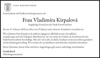 Traueranzeige von Vladimira Kirpalova von Stuttgarter Zeitung / Stuttgarter Nachrichten