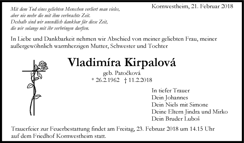  Traueranzeige für Vladimira Kirpalova vom 21.02.2018 aus Stuttgarter Zeitung / Stuttgarter Nachrichten