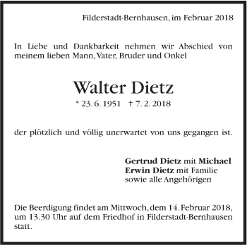 Traueranzeige von Walter Dietz von Stuttgarter Zeitung / Stuttgarter Nachrichten