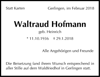 Traueranzeige von Waltraud Hofmann von Stuttgarter Zeitung / Stuttgarter Nachrichten