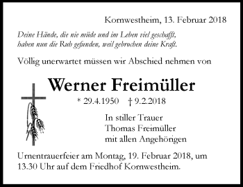 Traueranzeige von Werner Freimüller von Stuttgarter Zeitung / Stuttgarter Nachrichten