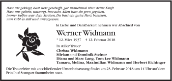 Traueranzeige von Werner Widmann von Stuttgarter Zeitung / Stuttgarter Nachrichten