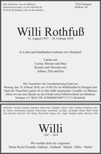 Traueranzeige von Willi Rothfuß von Stuttgarter Zeitung / Stuttgarter Nachrichten
