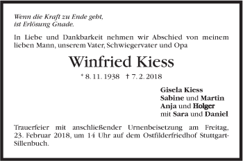 Traueranzeige von Winfried Kiess von Stuttgarter Zeitung / Stuttgarter Nachrichten