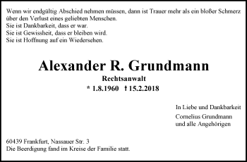 Traueranzeige von Alexander R. Grundmann von Stuttgarter Zeitung / Stuttgarter Nachrichten
