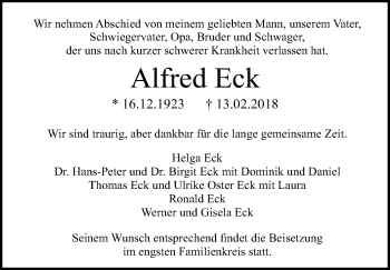 Traueranzeige von Alfred Eck von Stuttgarter Zeitung / Stuttgarter Nachrichten