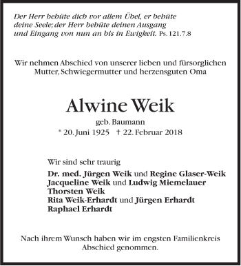 Traueranzeige von Alwine Weik von Stuttgarter Zeitung / Stuttgarter Nachrichten