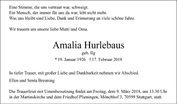 Traueranzeige von Amalia Hurlebaus von Stuttgarter Zeitung / Stuttgarter Nachrichten
