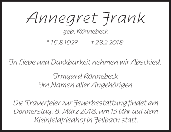 Traueranzeige von Annegret Frank von Stuttgarter Zeitung / Stuttgarter Nachrichten