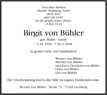Traueranzeige von Birgit von Bühler von Stuttgarter Zeitung / Stuttgarter Nachrichten