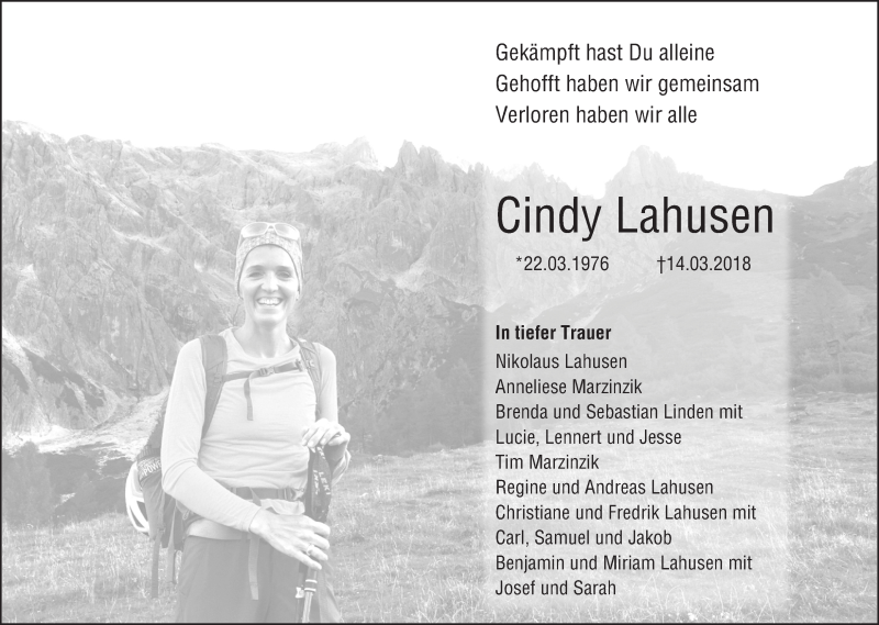  Traueranzeige für Cindy Lahusen vom 17.03.2018 aus Stuttgarter Zeitung / Stuttgarter Nachrichten