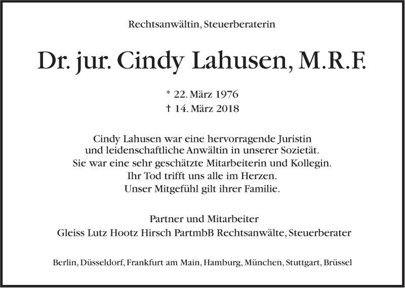  Traueranzeige für Cindy Lahusen vom 17.03.2018 aus Stuttgarter Zeitung / Stuttgarter Nachrichten