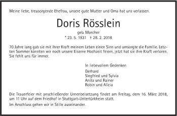 Traueranzeige von Doris Rösslein von Stuttgarter Zeitung / Stuttgarter Nachrichten