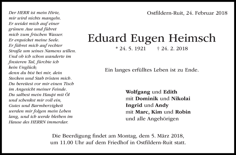  Traueranzeige für Eduard Eugen Heimsch vom 01.03.2018 aus Stuttgarter Zeitung / Stuttgarter Nachrichten
