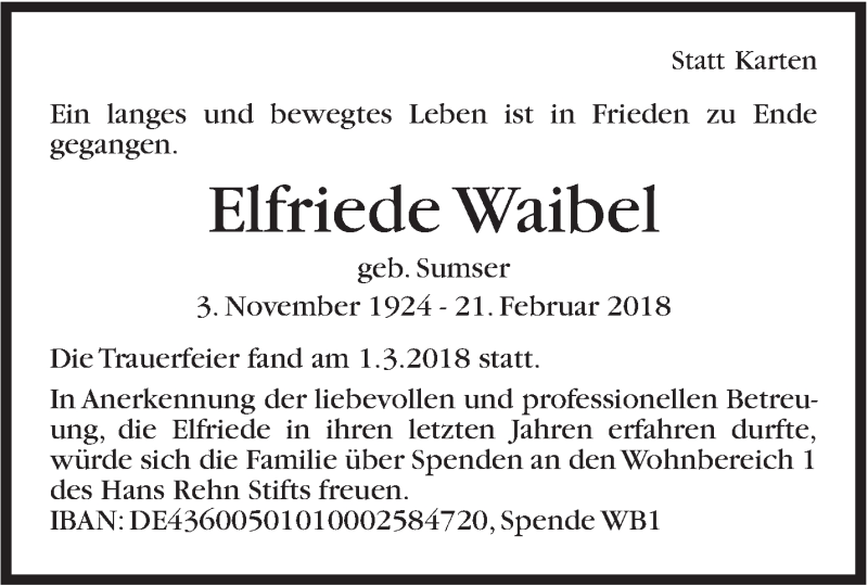  Traueranzeige für Elfriede Waibel vom 07.03.2018 aus Stuttgarter Zeitung / Stuttgarter Nachrichten