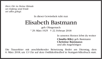 Traueranzeige von Elisabeth Bastmann von Stuttgarter Zeitung / Stuttgarter Nachrichten