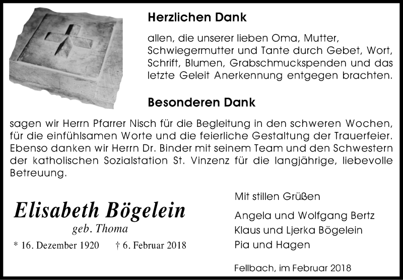  Traueranzeige für Elisabeth Bögelein vom 05.03.2018 aus Stuttgarter Zeitung / Stuttgarter Nachrichten