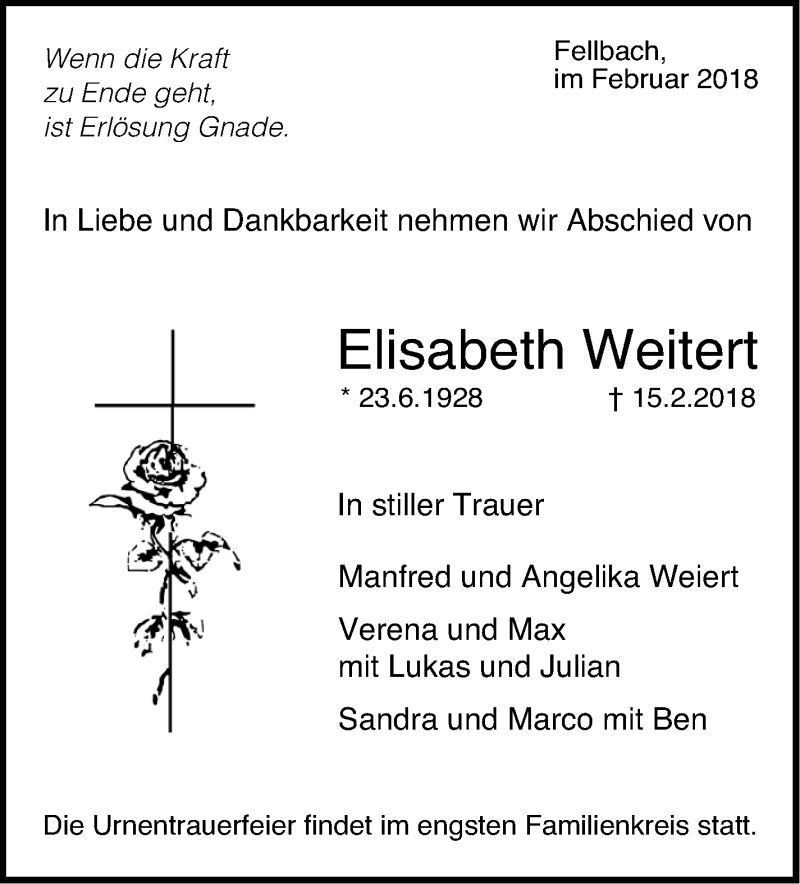  Traueranzeige für Elisabeth Weitert vom 03.03.2018 aus Stuttgarter Zeitung / Stuttgarter Nachrichten