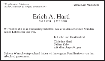 Traueranzeige von Erich Hartl von Stuttgarter Zeitung / Stuttgarter Nachrichten