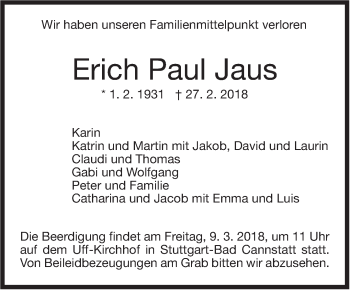 Traueranzeige von Erich Paul Jaus von Stuttgarter Zeitung / Stuttgarter Nachrichten