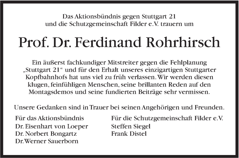  Traueranzeige für Ferdinand Rohrhirsch vom 24.03.2018 aus Stuttgarter Zeitung / Stuttgarter Nachrichten