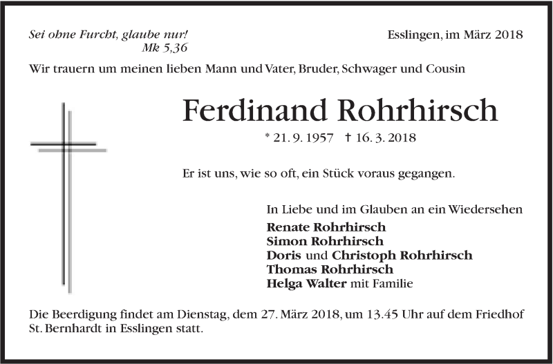  Traueranzeige für Ferdinand Rohrhirsch vom 21.03.2018 aus Stuttgarter Zeitung / Stuttgarter Nachrichten