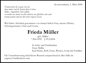 Traueranzeige von Frieda Müller von Stuttgarter Zeitung / Stuttgarter Nachrichten
