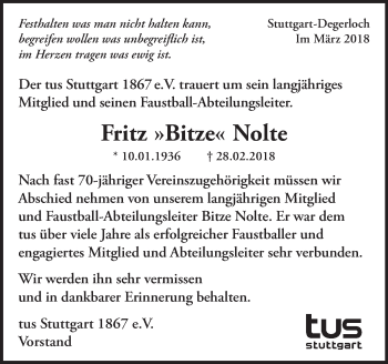 Traueranzeige von Fritz Nolte von Stuttgarter Zeitung / Stuttgarter Nachrichten
