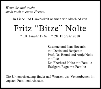 Traueranzeige von Fritz Nolte von Stuttgarter Zeitung / Stuttgarter Nachrichten