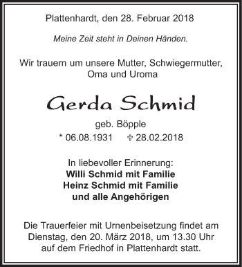 Traueranzeige von Gerda Schmid von Stuttgarter Zeitung / Stuttgarter Nachrichten