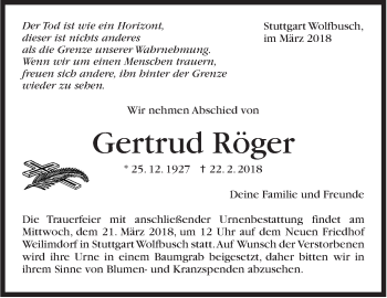 Traueranzeige von Gertrud Röger von Stuttgarter Zeitung / Stuttgarter Nachrichten