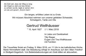 Traueranzeige von Gertrud Wellhäusser von Stuttgarter Zeitung / Stuttgarter Nachrichten
