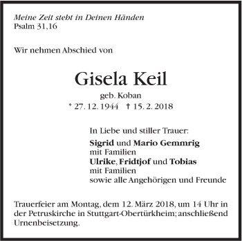 Traueranzeige von Gisela Keil von Stuttgarter Zeitung / Stuttgarter Nachrichten