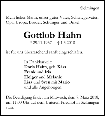 Traueranzeige von Gottlob Hahn von Stuttgarter Zeitung / Stuttgarter Nachrichten