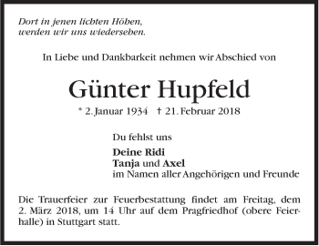 Traueranzeige von Günter Hupfeld von Stuttgarter Zeitung / Stuttgarter Nachrichten