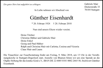 Traueranzeige von Günther Eisenhardt von Stuttgarter Zeitung / Stuttgarter Nachrichten