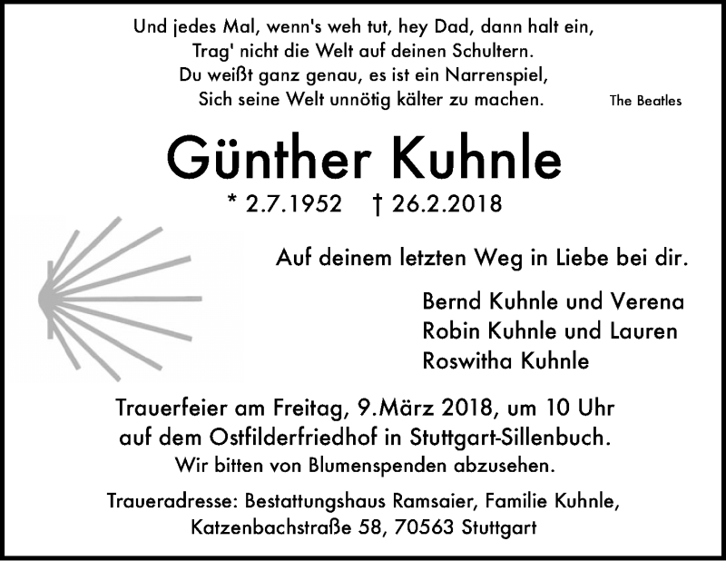  Traueranzeige für Günther Kuhnle vom 03.03.2018 aus Stuttgarter Zeitung / Stuttgarter Nachrichten