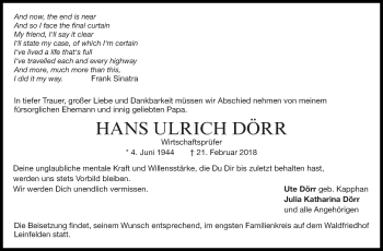 Traueranzeige von Hans Ulrich Dörr von Stuttgarter Zeitung / Stuttgarter Nachrichten